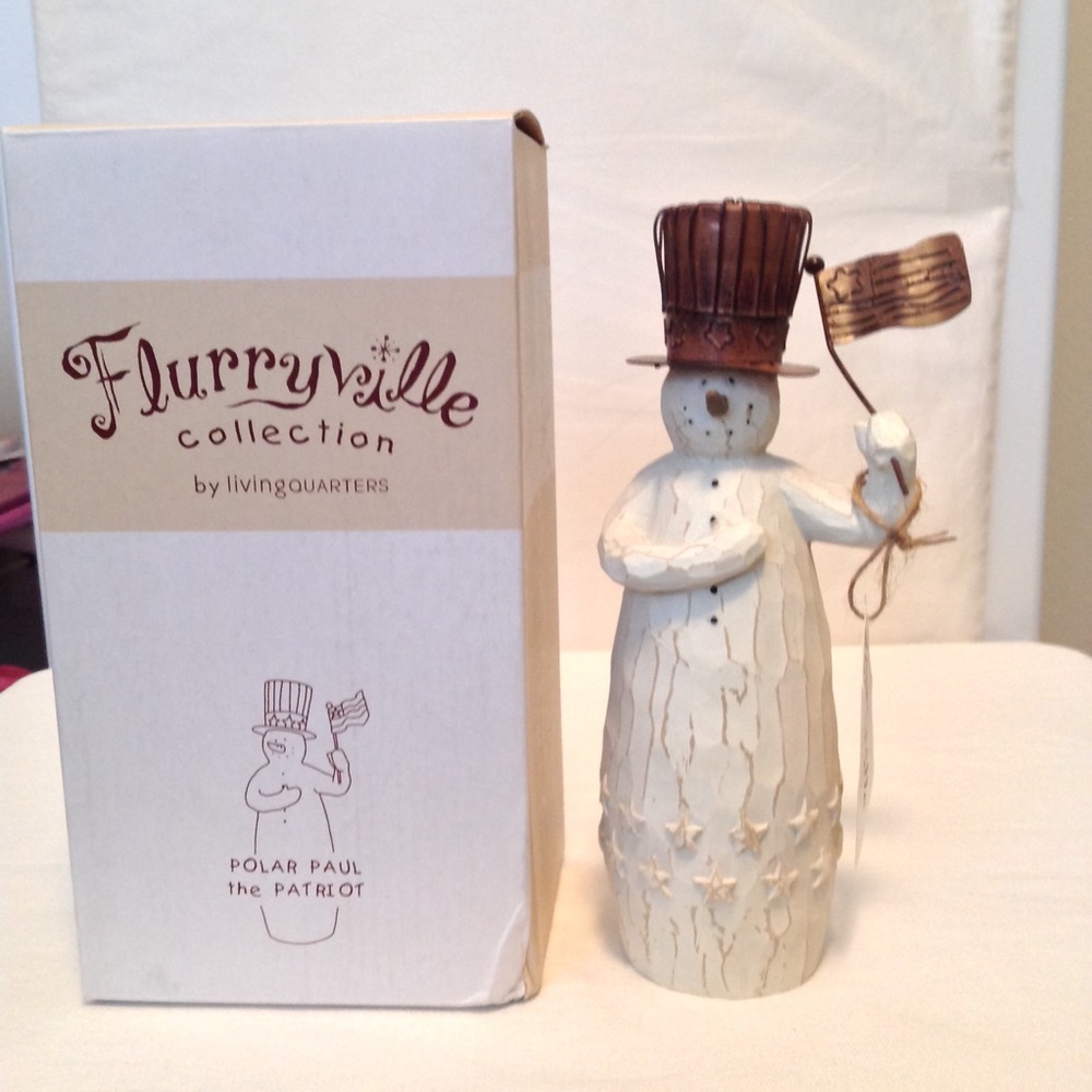 Flurryville Paul the Patriot Christmas Snowman with Top Hat holding a flag